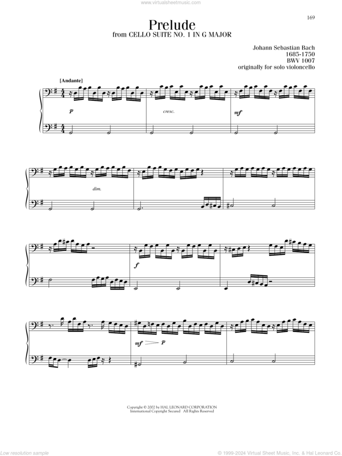 Prelude (Cello Suite No. 1) sheet music for piano solo by Johann Sebastian Bach, classical wedding score, intermediate skill level