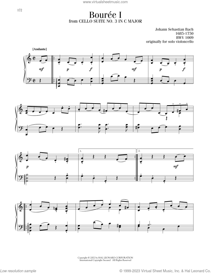 Cello Suite No. 3, BWV 1009 'Bourree I' sheet music for piano solo by Johann Sebastian Bach, classical score, intermediate skill level