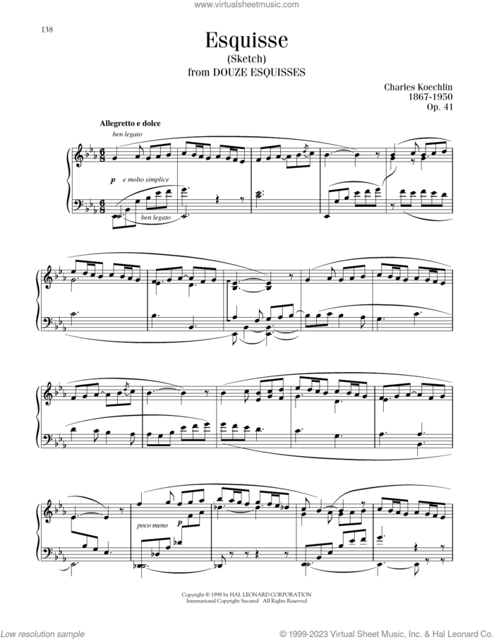 Esquisse (Sketch) sheet music for piano solo by Charles Koechlin, classical score, intermediate skill level