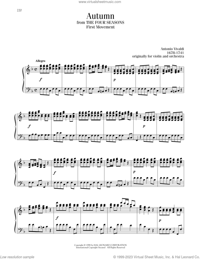 The Four Seasons ('Autumn') sheet music for piano solo by Antonio Vivaldi, classical score, intermediate skill level