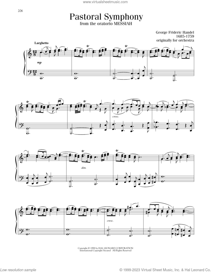 Pastoral Symphony sheet music for piano solo by George Frideric Handel, classical score, intermediate skill level