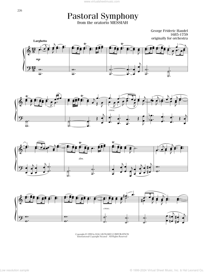 Pastoral Symphony sheet music for piano solo by George Frideric Handel, classical score, intermediate skill level