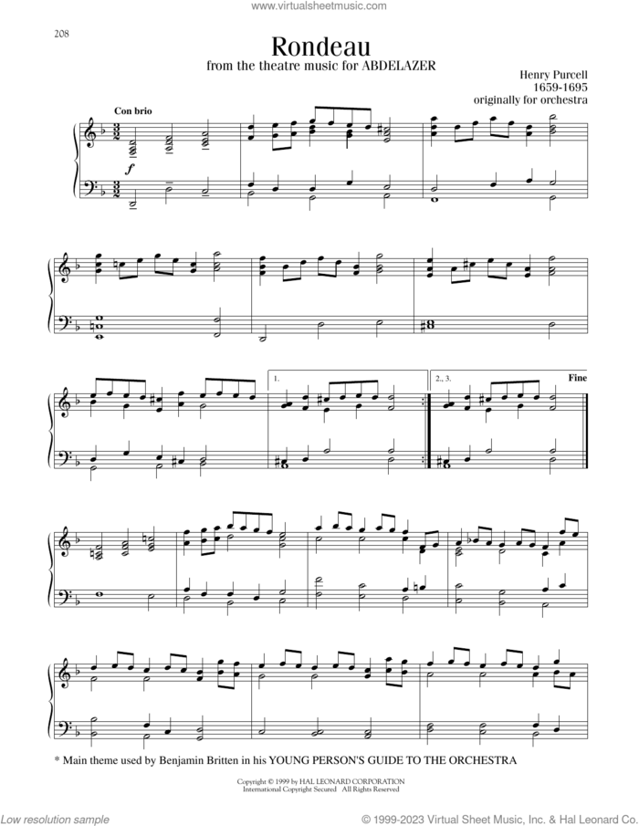 Rondo (Rondeau) sheet music for piano solo by Henry Purcell, classical score, intermediate skill level