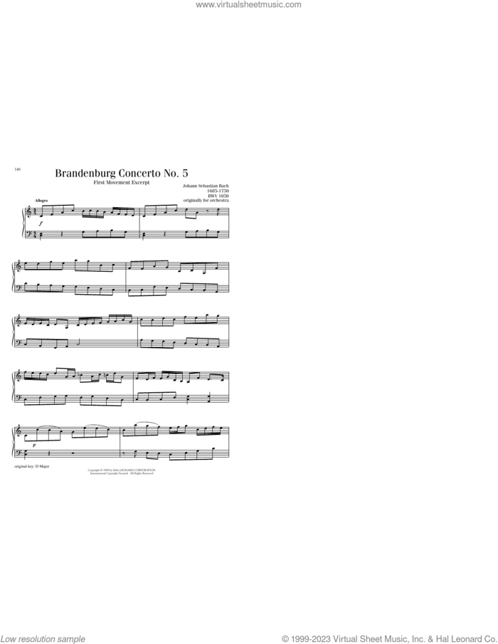 Brandenburg Concerto No. 5 in D Major, First Movement Excerpt sheet music for piano solo by Johann Sebastian Bach, classical score, intermediate skill level