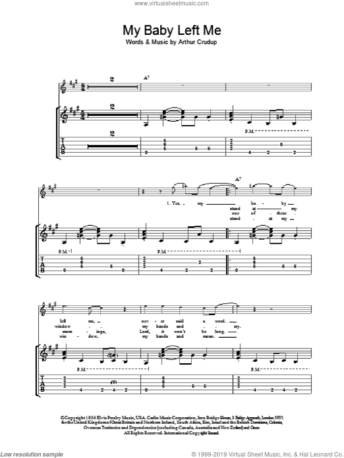 My Baby Left Me sheet music for guitar (tablature) by Elvis Presley, intermediate skill level