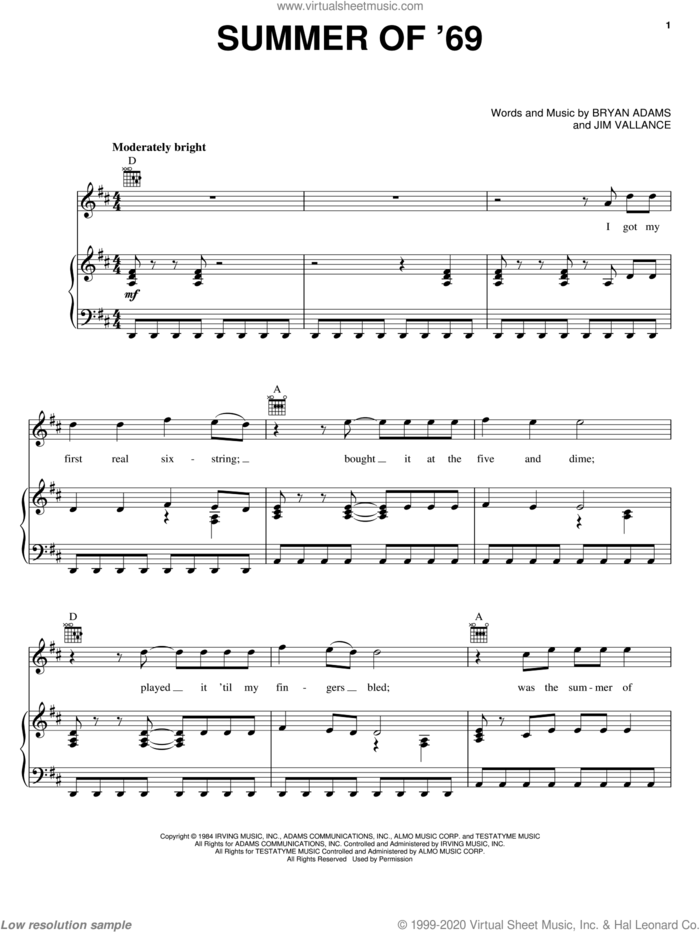 Summer Of '69 sheet music for voice, piano or guitar by Bryan Adams and Jim Vallance, intermediate skill level