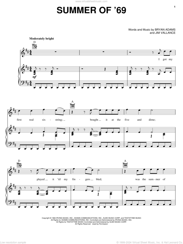 Summer Of '69 sheet music for voice, piano or guitar by Bryan Adams and Jim Vallance, intermediate skill level