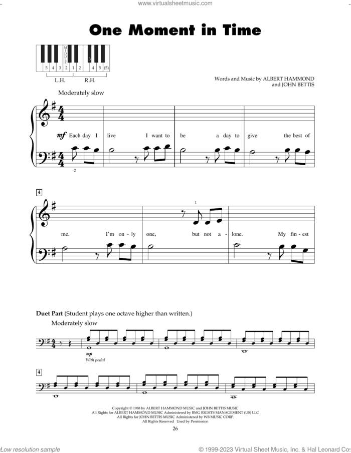 One Moment In Time sheet music for piano solo (5-fingers) by Whitney Houston, Albert Hammond and John Bettis, beginner piano (5-fingers)