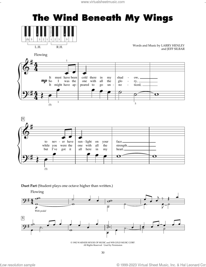 The Wind Beneath My Wings sheet music for piano solo (5-fingers) by Bette Midler, Jeff Silbar and Larry Henley, beginner piano (5-fingers)