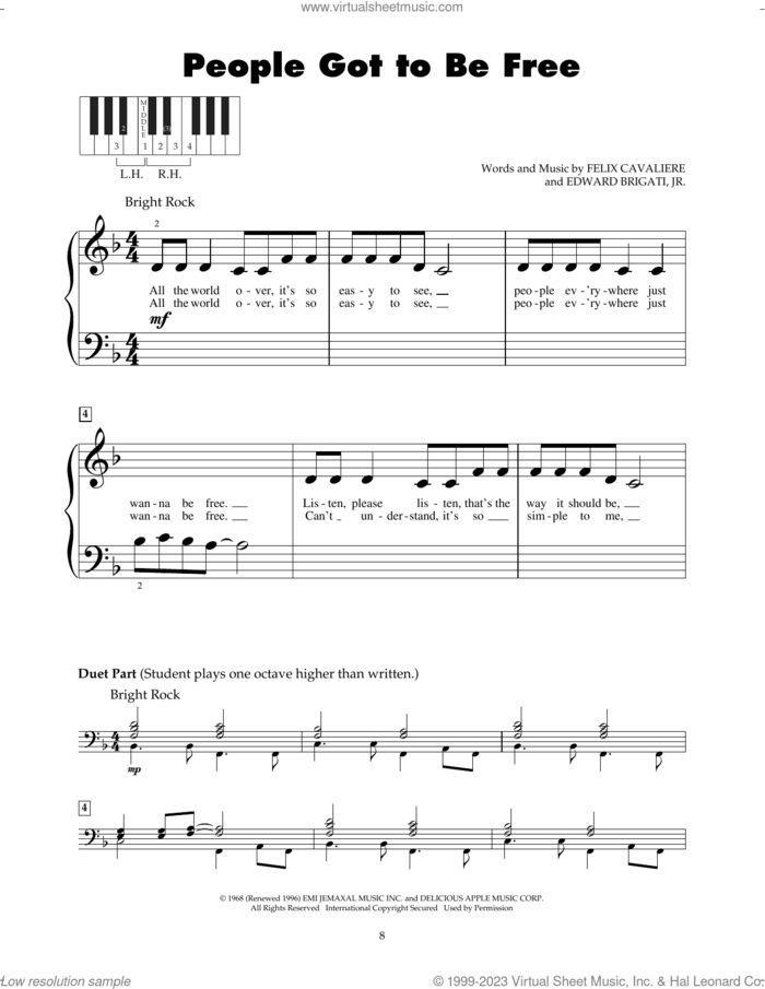 People Got To Be Free sheet music for piano solo (5-fingers) by The Rascals, Edward Brigati Jr. and Felix Cavaliere, beginner piano (5-fingers)