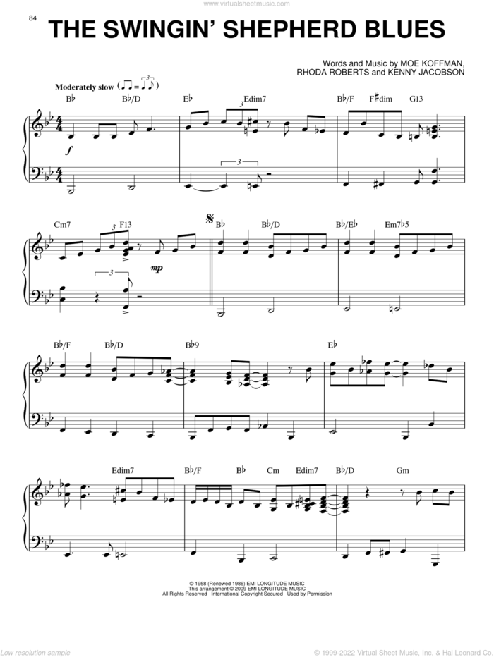 The Swingin' Shepherd Blues (arr. Brent Edstrom) sheet music for piano solo by Moe Koffman, Kenny Jacobson and Rhoda Roberts, intermediate skill level