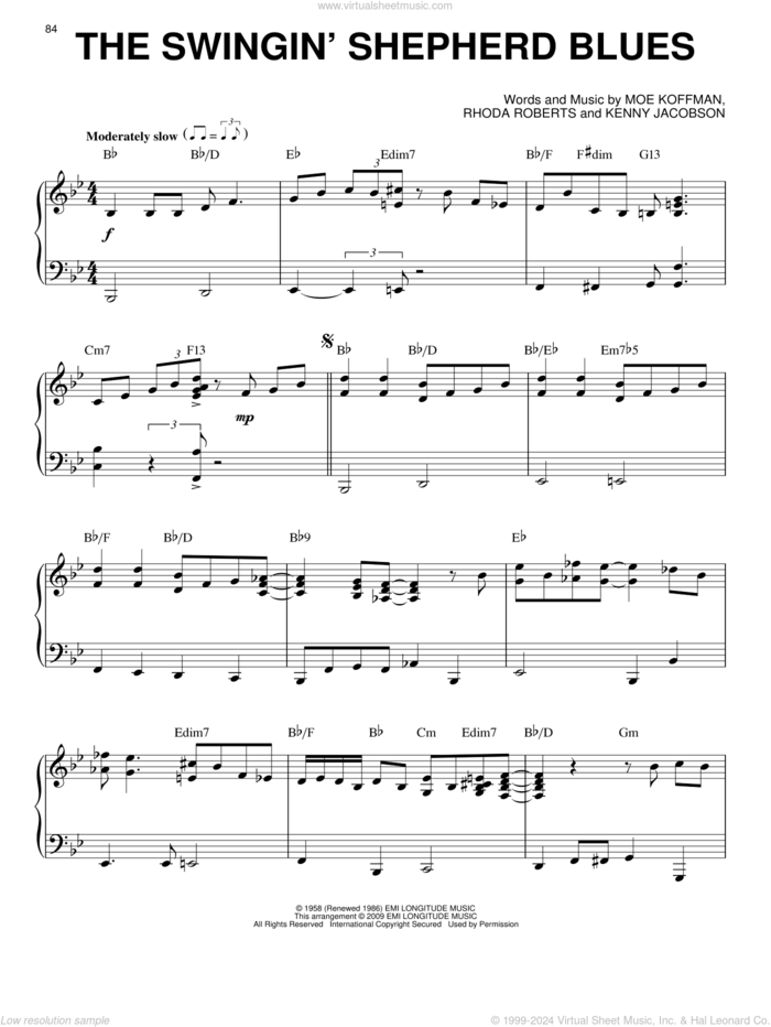 The Swingin' Shepherd Blues (arr. Brent Edstrom) sheet music for piano solo by Moe Koffman, Kenny Jacobson and Rhoda Roberts, intermediate skill level