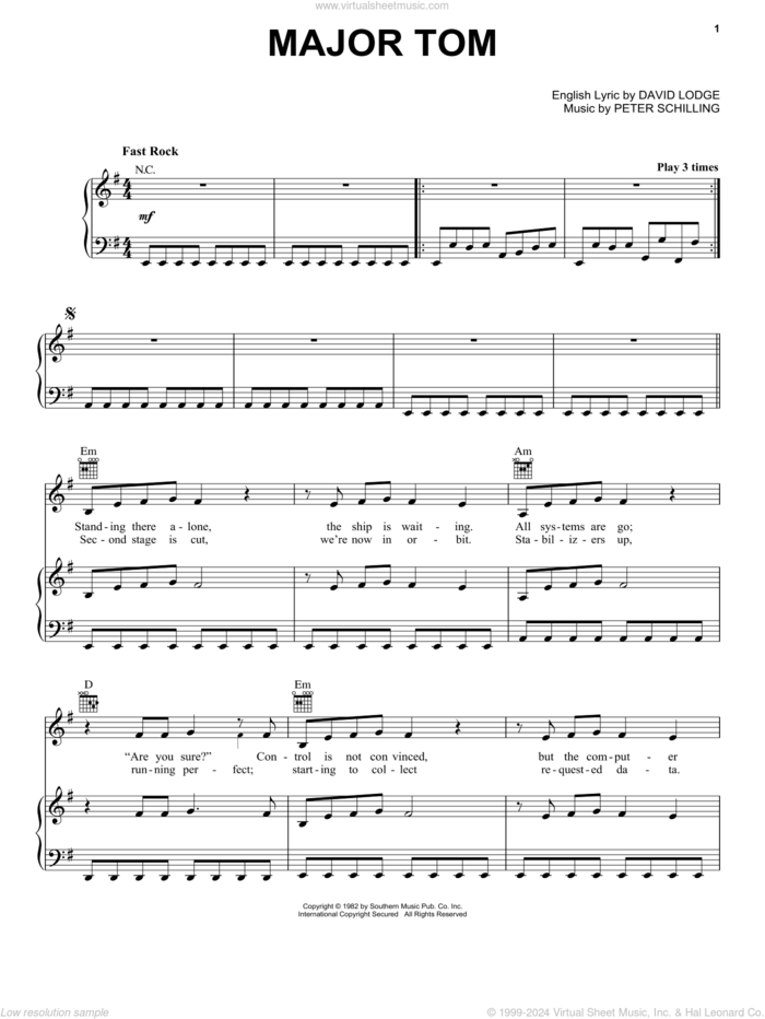 Major Tom (Coming Home) sheet music for voice, piano or guitar by Peter Schilling and David Lodge, intermediate skill level