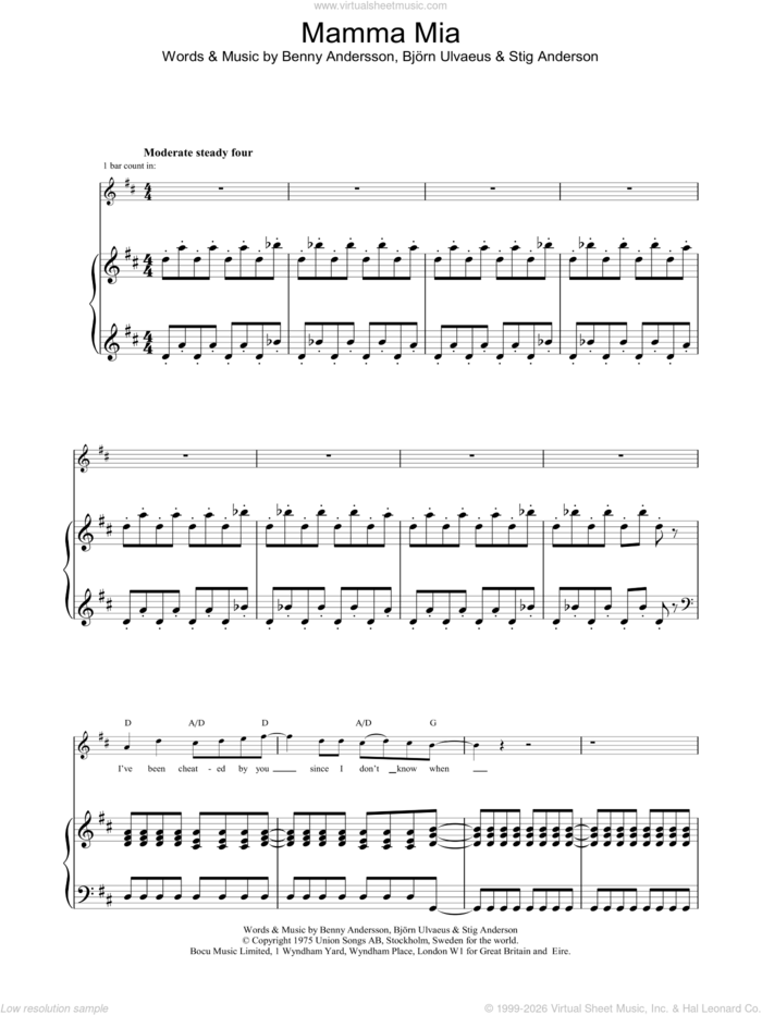 Mamma Mia sheet music for voice, piano or guitar by ABBA, intermediate skill level