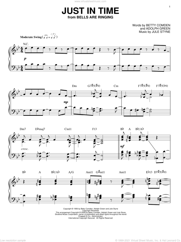 Just In Time (arr. Brent Edstrom) sheet music for piano solo by Frank Sinatra, Adolph Green, Betty Comden and Jule Styne, intermediate skill level