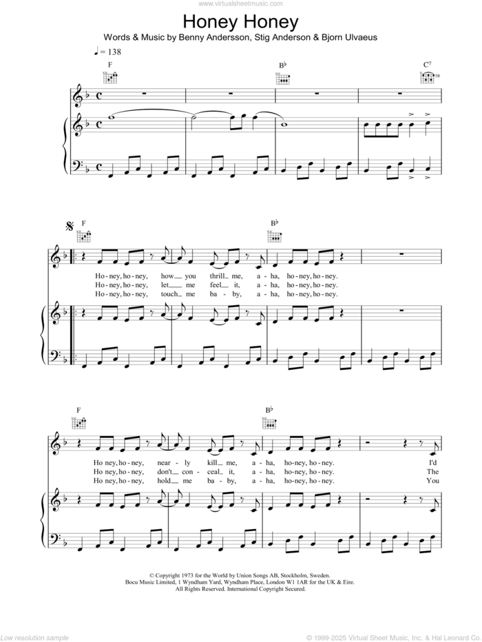 Honey, Honey sheet music for voice, piano or guitar by ABBA, intermediate skill level