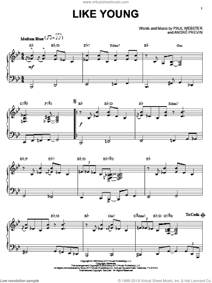 Like Young (arr. Brent Edstrom) sheet music for piano solo by Andre Previn and Paul Francis Webster, intermediate skill level