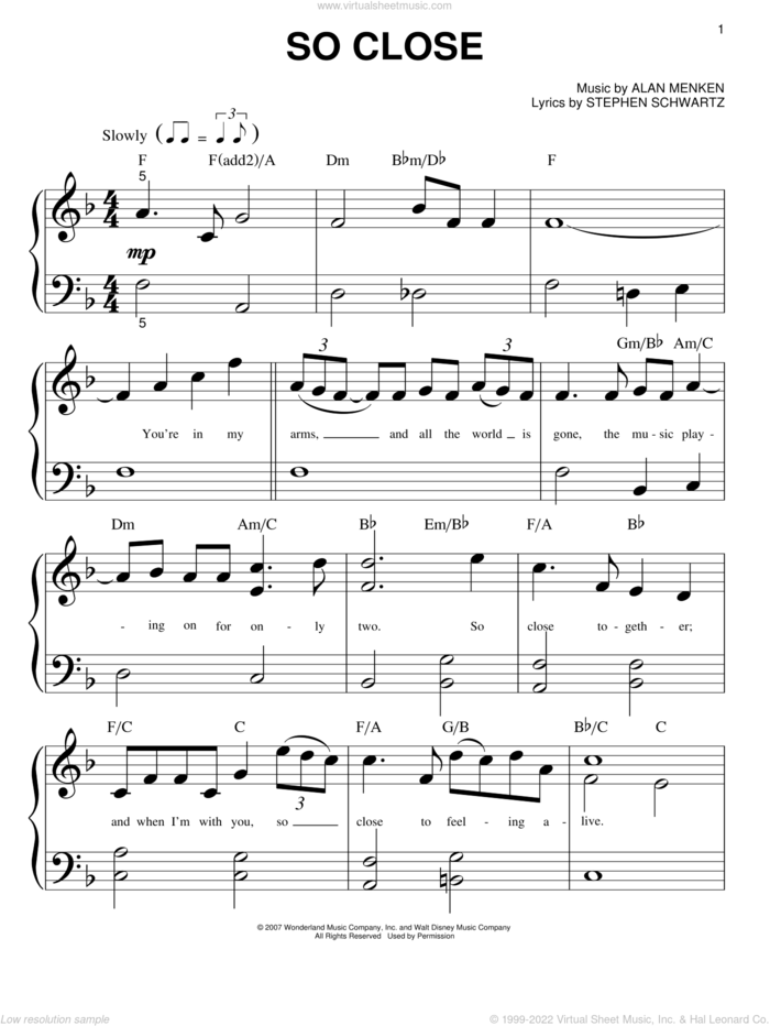 So Close (from Enchanted) sheet music for piano solo (big note book) by Alan Menken, Enchanted (Movie), John McLaughlin and Stephen Schwartz, easy piano (big note book)