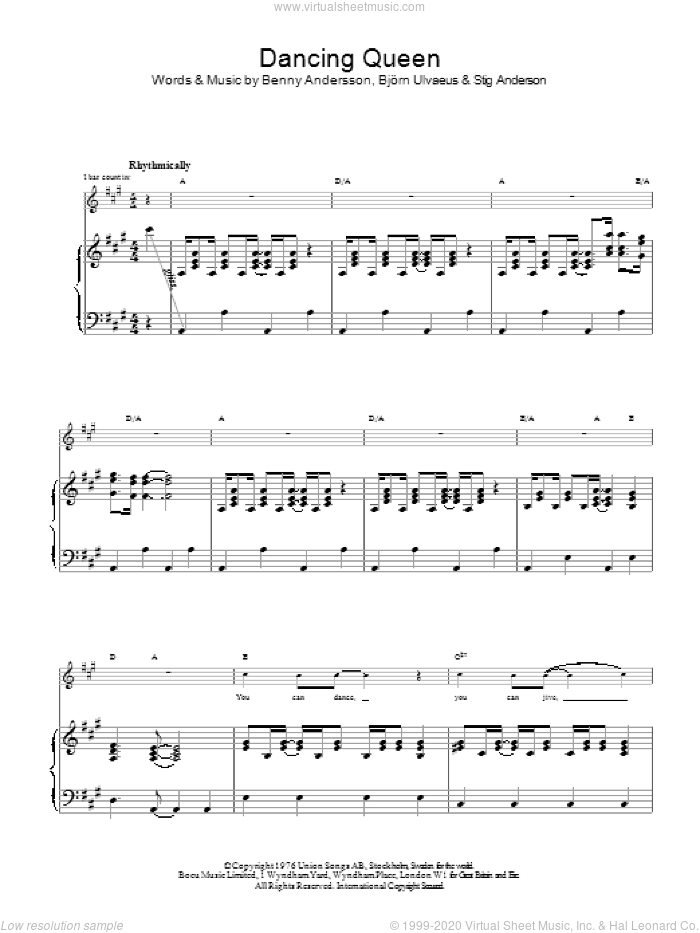 Dancing Queen sheet music for voice, piano or guitar by ABBA, Benny Andersson, Bjorn Alvaeus and Stig Anderson, intermediate skill level