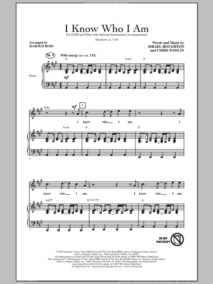 I Know Who I Am sheet music for choir (SATB: soprano, alto, tenor, bass) by Chris Tomlin, Israel Houghton and Harold Ross, intermediate skill level