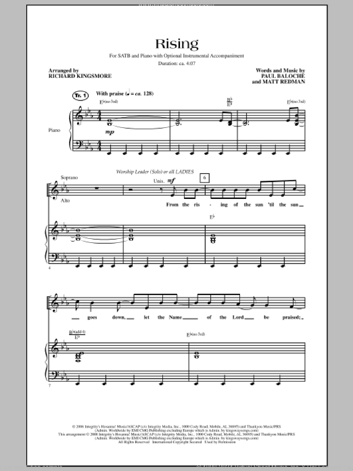 Rising sheet music for choir (SATB: soprano, alto, tenor, bass) by Matt Redman, Richard Kingsmore and Paul Baloche, intermediate skill level
