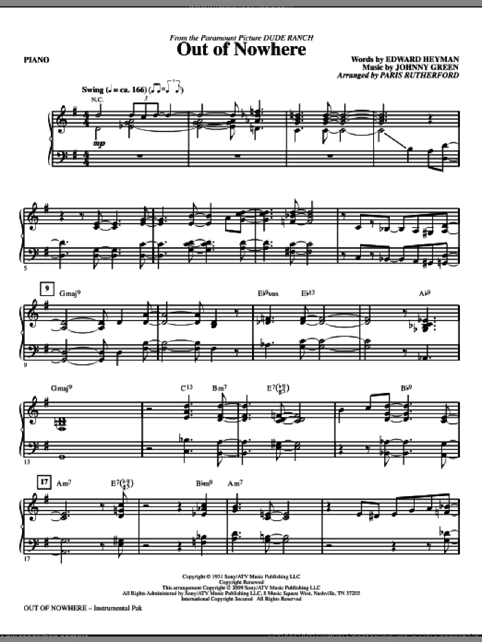 Out Of Nowhere (complete set of parts) sheet music for orchestra/band (Rhythm) by Edward Heyman, Johnny Green and Paris Rutherford, intermediate skill level