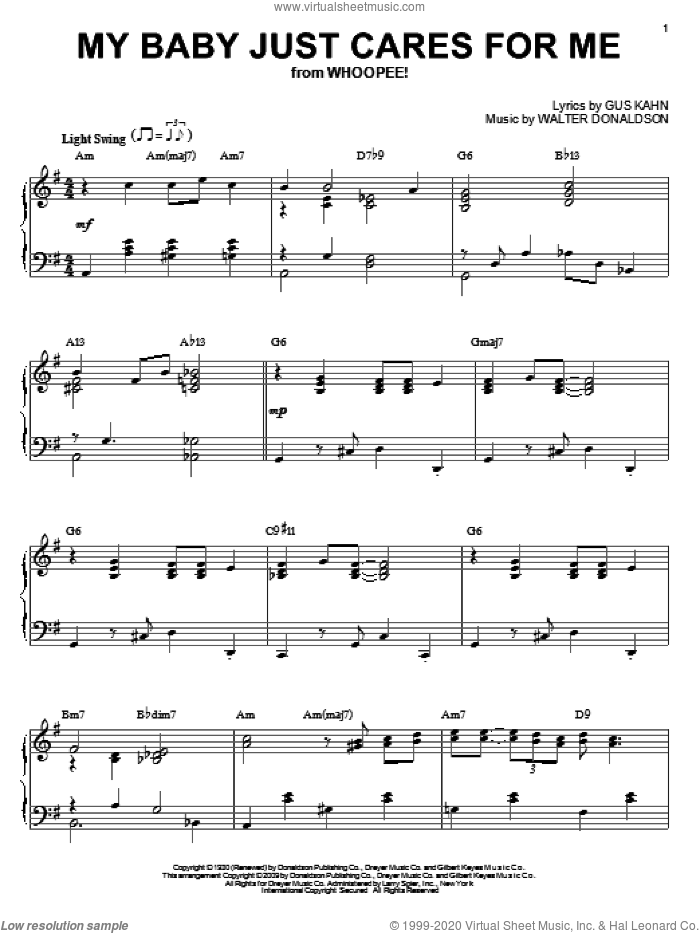 My Baby Just Cares For Me (arr. Brent Edstrom) sheet music for piano solo by Nina Simone, Gus Kahn and Walter Donaldson, intermediate skill level
