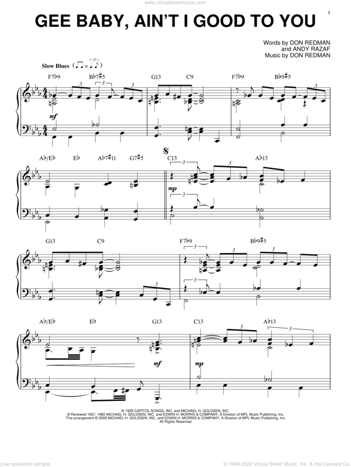 Gee Baby, Ain't I Good To You (arr. Brent Edstrom) sheet music for piano solo by Don Redman and Andy Razaf, intermediate skill level