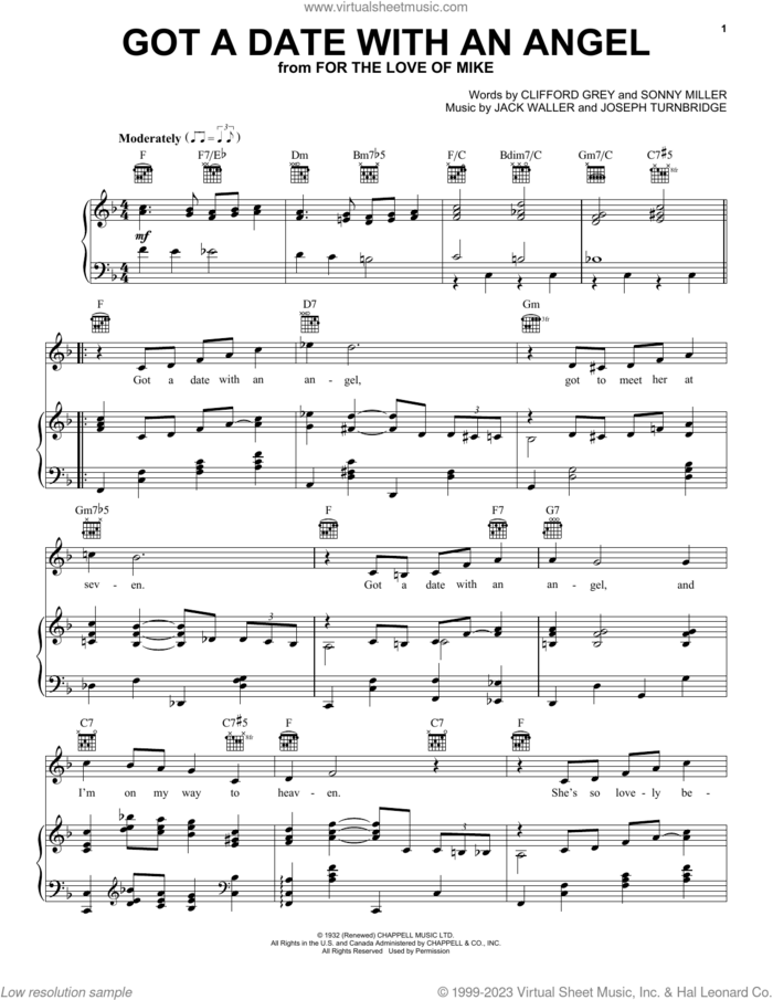 Got A Date With An Angel sheet music for voice, piano or guitar by Clifford Grey, Jack Waller, Joseph Turnbridge and Sonny Miller, intermediate skill level