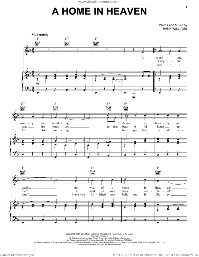 A Home In Heaven sheet music for voice, piano or guitar by Hank Williams, intermediate skill level