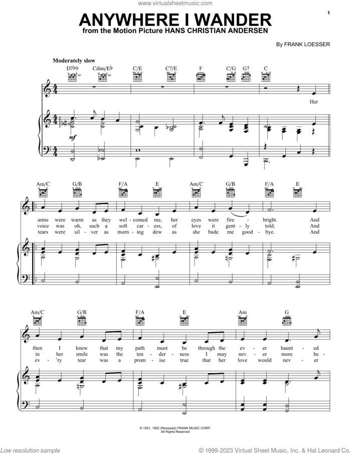 Anywhere I Wander sheet music for voice, piano or guitar by Frank Loesser, intermediate skill level