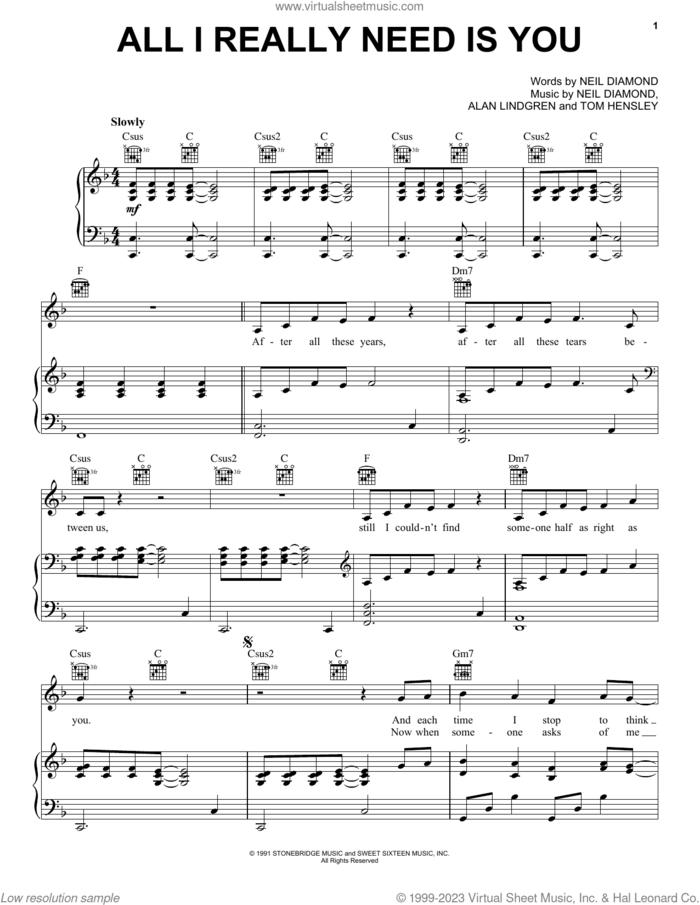 All I Really Need Is You sheet music for voice, piano or guitar by Neil Diamond, Alan Lindgren and Tom Hensley, intermediate skill level