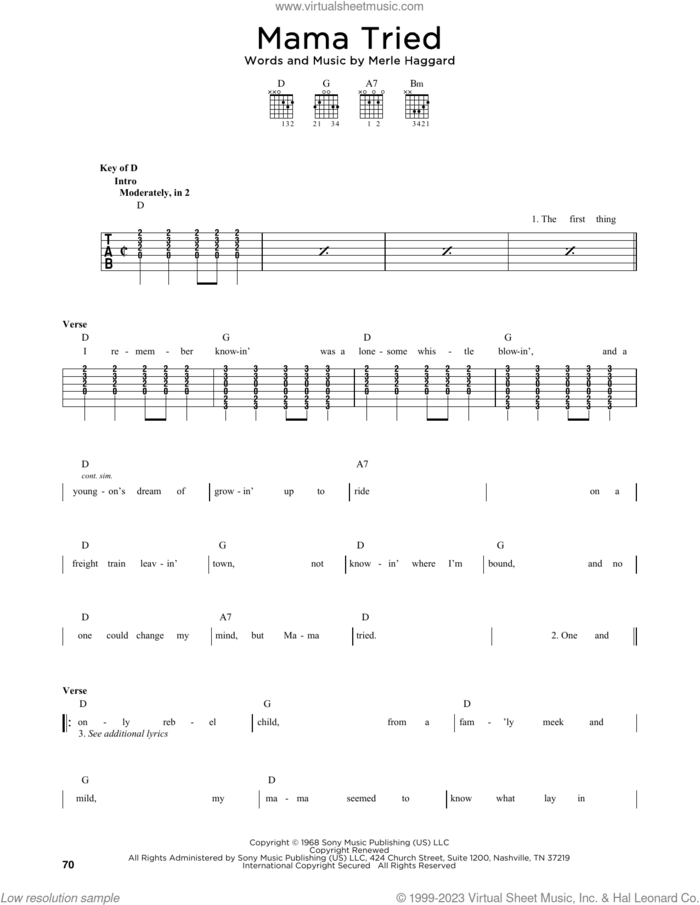 Mama Tried sheet music for guitar solo by Merle Haggard, intermediate skill level