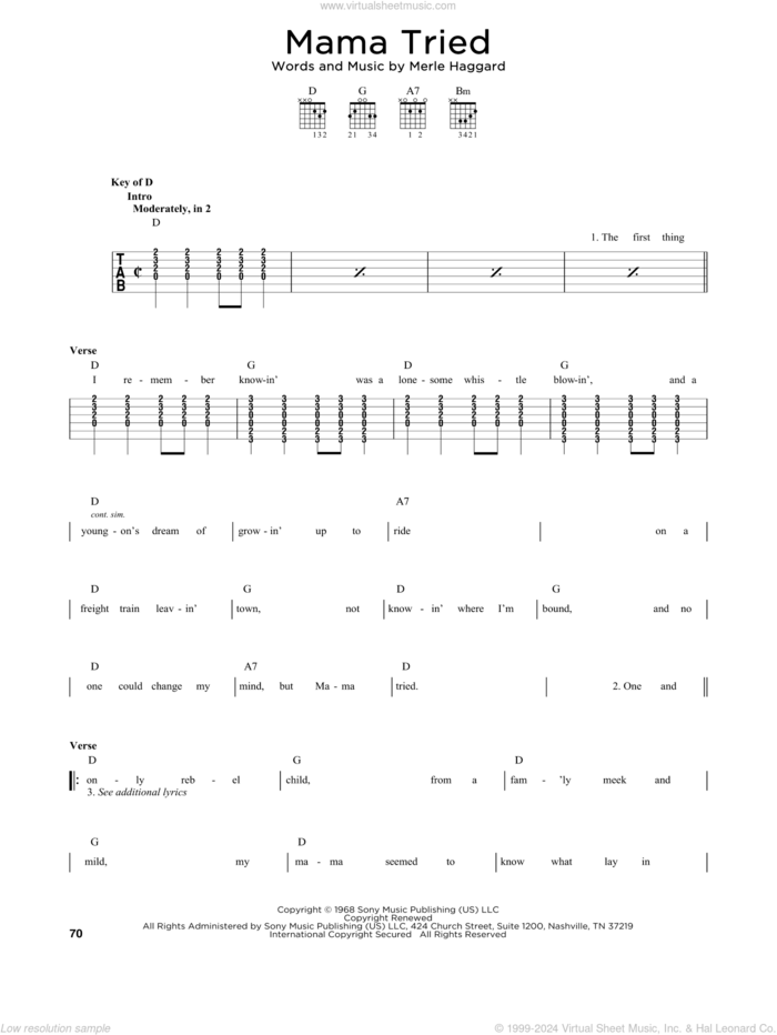 Mama Tried sheet music for guitar solo by Merle Haggard, intermediate skill level