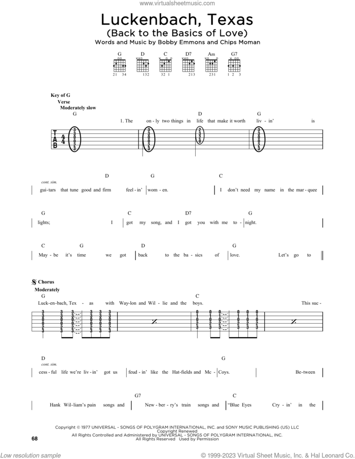 Luckenbach, Texas (Back To The Basics Of Love) sheet music for guitar solo by Waylon Jennings, Bobby Emmons and Chips Moman, intermediate skill level