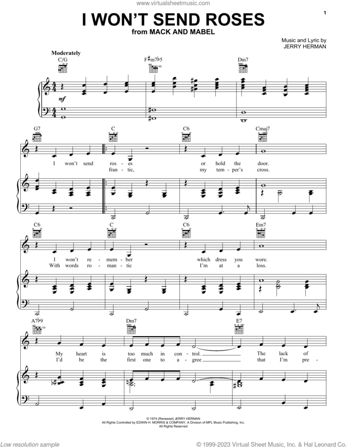 I Won't Send Roses sheet music for voice, piano or guitar by Michael Feinstein and Jerry Herman, classical score, intermediate skill level