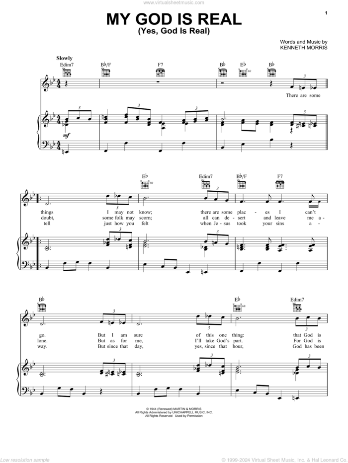 My God Is Real (Yes, God Is Real) sheet music for voice, piano or guitar by Kenneth Morris, intermediate skill level