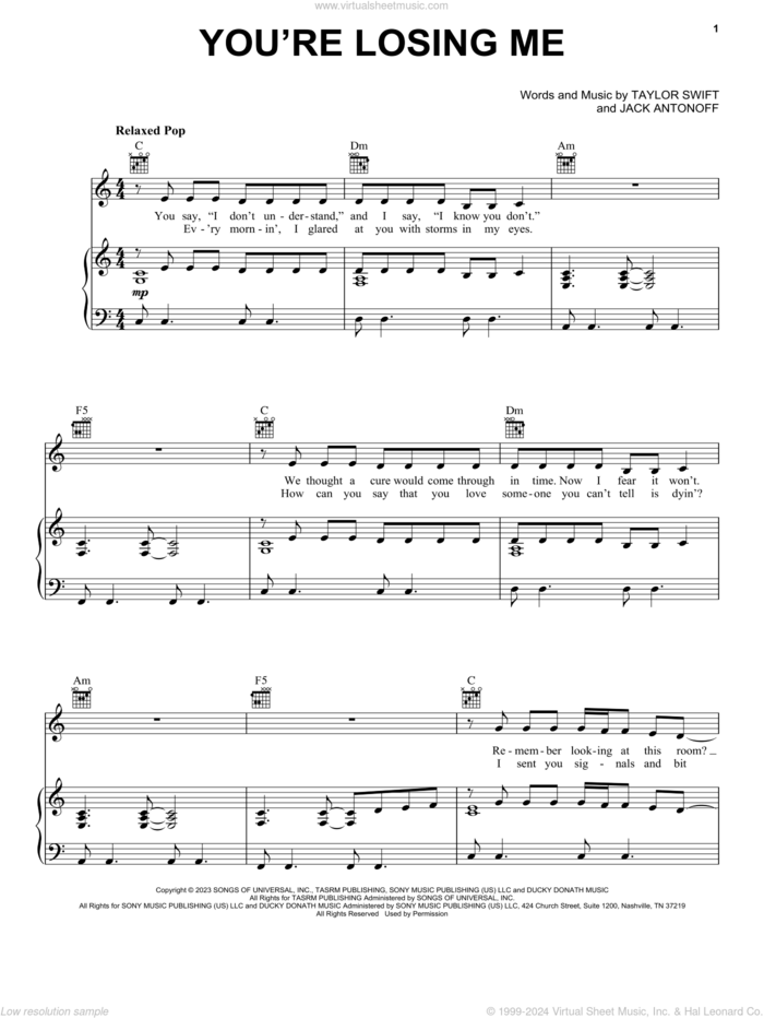 You're Losing Me sheet music for voice, piano or guitar by Taylor Swift and Jack Antonoff, intermediate skill level