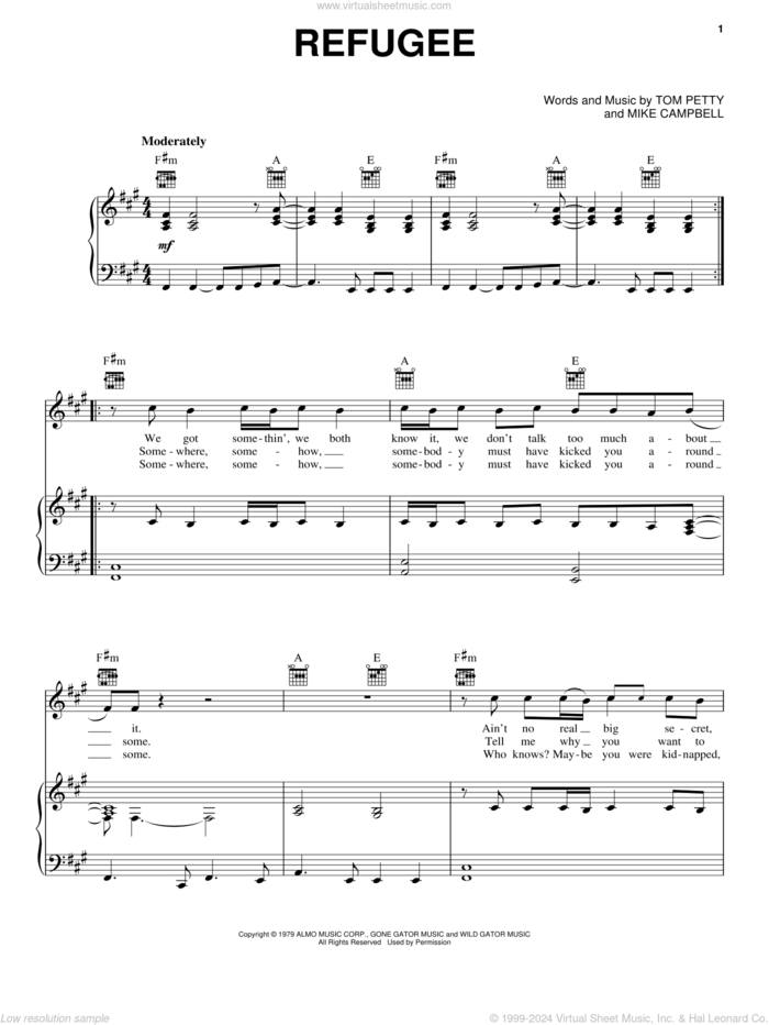 Refugee sheet music for voice, piano or guitar by Tom Petty And The Heartbreakers, Mike Campbell and Tom Petty, intermediate skill level