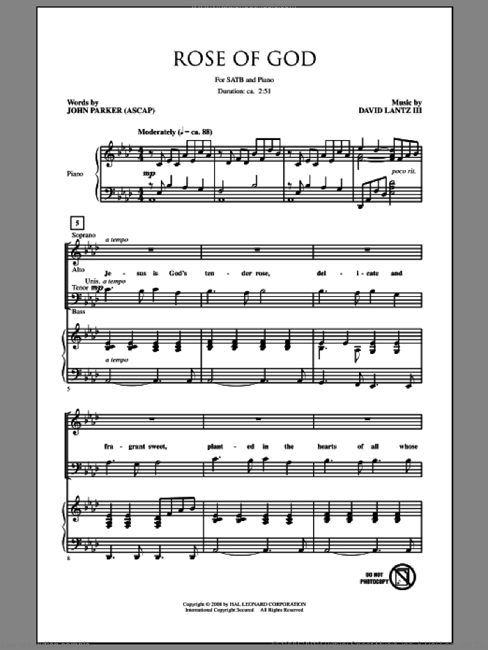 Rose Of God sheet music for choir (SATB: soprano, alto, tenor, bass) by John Parker and David Lanz, intermediate skill level