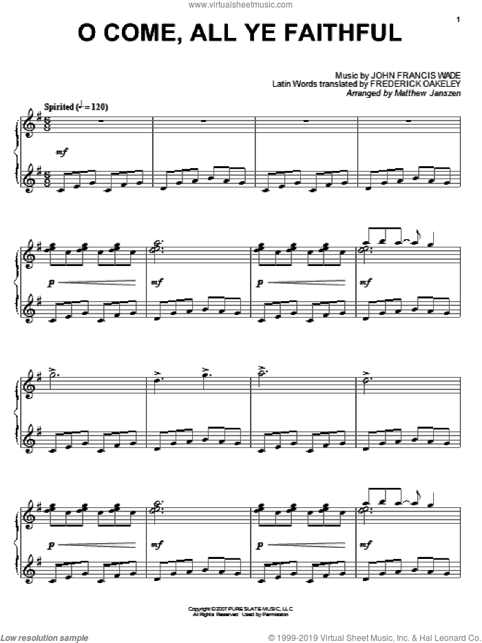 O Come, All Ye Faithful (Adeste Fideles), (intermediate) sheet music for piano solo by John Francis Wade, Matthew Janszen and Frederick Oakeley, intermediate skill level