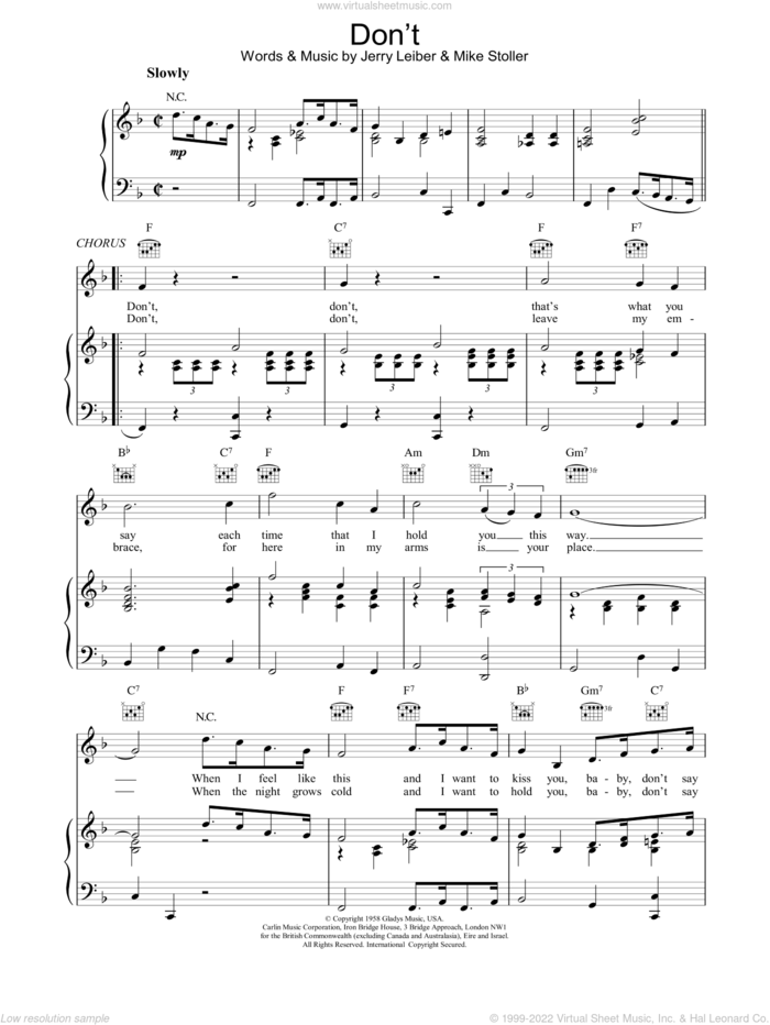 Don't sheet music for voice, piano or guitar by Elvis Presley, intermediate skill level
