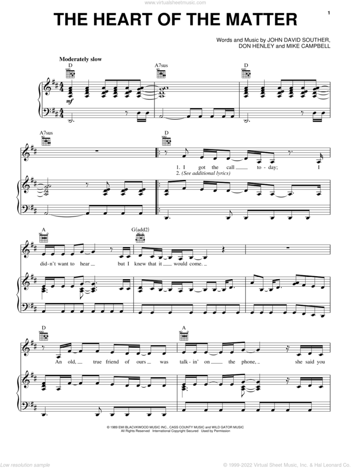 The Heart Of The Matter sheet music for voice, piano or guitar by Don Henley, John David Souther and Mike Campbell, intermediate skill level