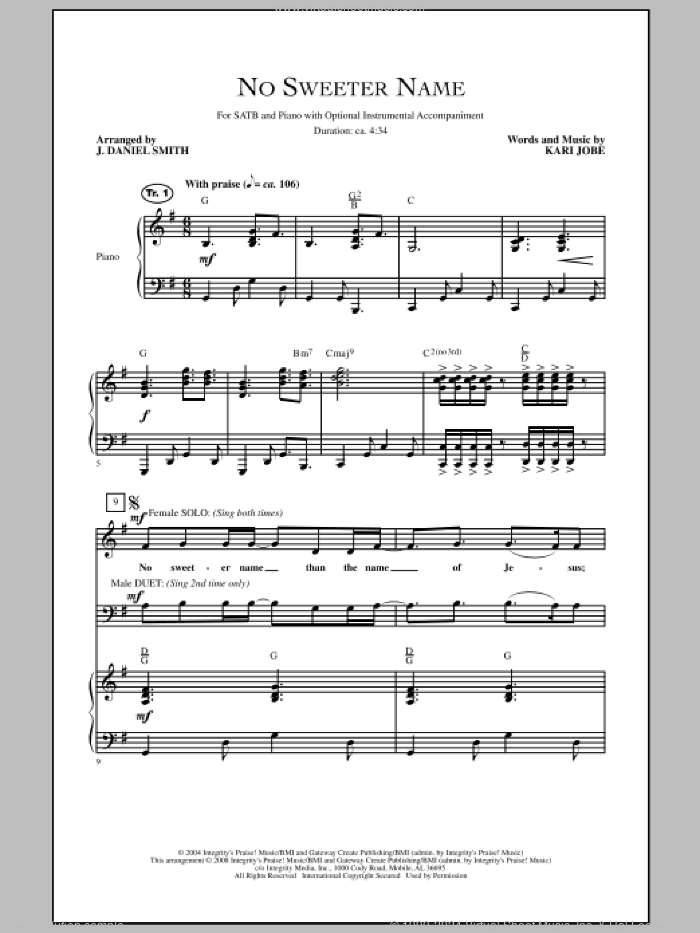 No Sweeter Name sheet music for choir (SATB: soprano, alto, tenor, bass) by Kari Jobe and J. Daniel Smith, intermediate skill level