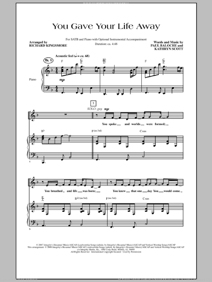 You Gave Your Life Away sheet music for choir (SATB: soprano, alto, tenor, bass) by Paul Baloche, Kathryn Scott and Richard Kingsmore, intermediate skill level