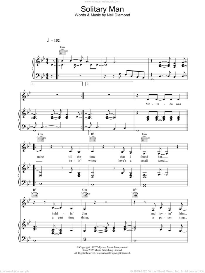 Solitary Man sheet music for voice, piano or guitar by Johnny Cash, intermediate skill level