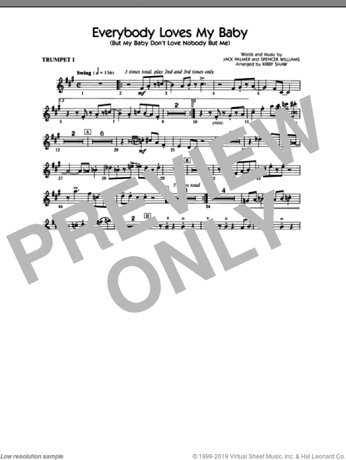 Everybody Loves My Baby (But My Baby Don't Love Nobody But Me) (complete set of parts) sheet music for orchestra/band by Spencer Williams, Jack Palmer and Kirby Shaw, intermediate skill level