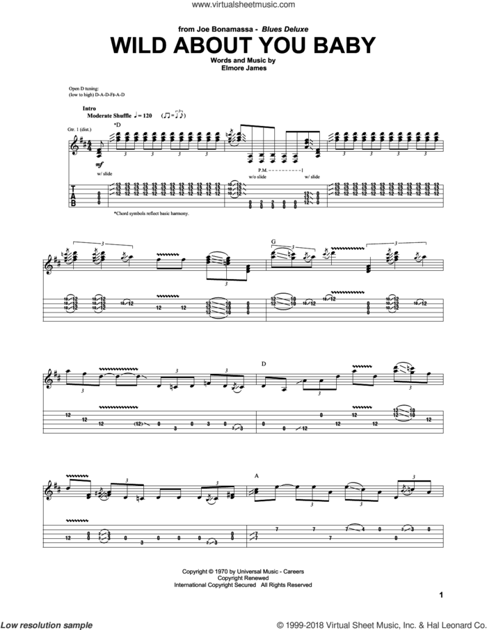 Wild About You Baby sheet music for guitar (tablature) by Joe Bonamassa and Elmore James, intermediate skill level