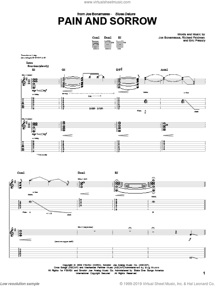 Pain And Sorrow sheet music for guitar (tablature) by Joe Bonamassa, Eric Pressly and Richard Feldman, intermediate skill level