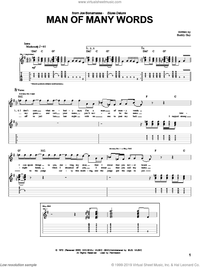 Man Of Many Words sheet music for guitar (tablature) by Joe Bonamassa and Buddy Guy, intermediate skill level
